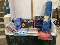 BLUE GLASS ICE BUCKET, KIDS FOLDING CHAIR, SOLAR SYSTEM PUZZLE/BOOK