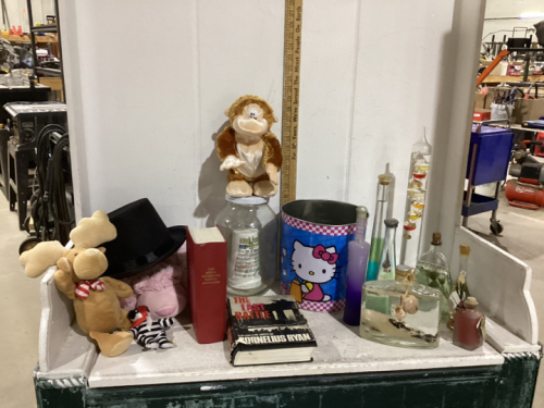 (2) BOXES W/ STUFFIES, BOOKS, MERCURY THERMOMETER,