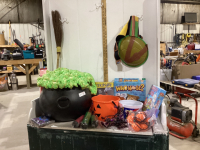 BOX W/ PLASTIC CAULDRON, HALLOWEEN LIGHTS, GAMES, BALLOON PUMPS