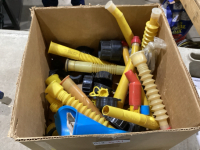 BOX OF JERRY CAN SPOUTS, LIDS , FLOW AND GO PUMP, SOME FUNNELS