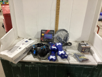 BOX W/ HEAD PHONES, WRIST BLOOD PRESSURE MONITOR, KEYBOARD, GAME CONTROLLERS