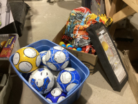 SHELF 14: SOCCER BALLS, BADMINTON SET, BALL BIN, NERF GUNS