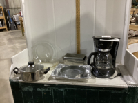 SUNBEAM COFFEE MAKER, GLASS PIE PANS, LOAF PANS, SMALL SS POT