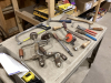 BOX OF TOOLS - HAND DRILLS, HACKSAW, DRAW KNIFE, COPING SAW, HATCHET, ESTWING HAMMER