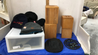 WOOD CANISTERS, HATS, PLASTIC STORAGE DRAWER