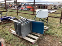 PALLET W/ (4) STACKING CHAIRS & WASH TUB BASIN ON FRAME