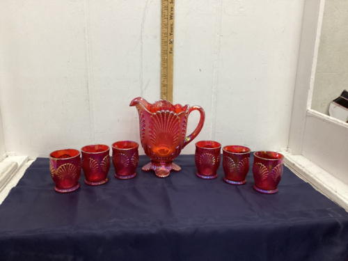 CRANBERRY GLASS WATER PITCHER & (6) GLASSES