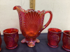 CRANBERRY GLASS WATER PITCHER & (6) GLASSES - 2