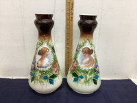 (2) VINTAGE MATCHING HANDPAINTED GLASS VASES