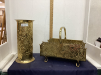 VINTAGE BRASS UMBRELLA STAND & WOOD HOLDER