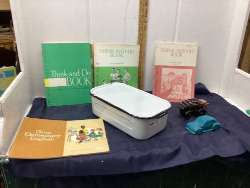 (2) VINTAGE AVON PERFUME BOTTLES, ENAMEL PAN & "THINK & DO" BOOKS