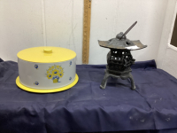 VINTAGE TIN CAKE SAVER & CAST CANDLE HOLDER