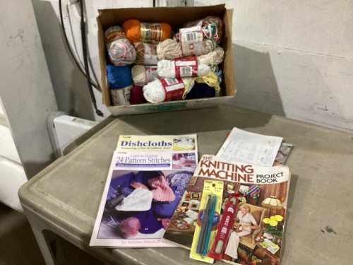 BOX WITH CROCHET + KNITTING BOOKS, CROCHET HOOKS, YARN