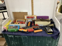 VINTAGE TRAIN SET - BACHMANN CP RAIL ENGINES, CN ENGINE, SANTE FE ENGINE POWER PACKS, TRACKS, CARS