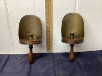 (2) BRASS & WOOD CANDLE HOLDERS W/. HANDLES