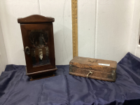 WOOD BOX -W/ MINI PLASTIC FOOTBALL HELMETS & MINI CURIO CABINET W/ BIRDS NEST INSIDE