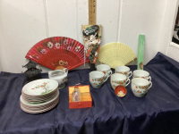 ASIAN THEME TEA SET, FANS, PERFUME BOTTLE,