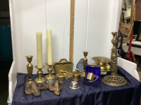 BOX W/ BRASS ITEMS - SPITOON, CANDLE, HOLDERS, CRUMB CATCHERS, BABY CUP