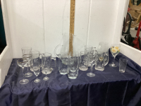 MISC VINTAGE ETCHED GLASSWARE - GLASSES, WATER PITCHER, MUGS,