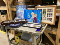 2 FROZEN PICTURES, PICTURE FRAME, 2 SEAT CUSHIONS, WOOD PICTURE FRAME