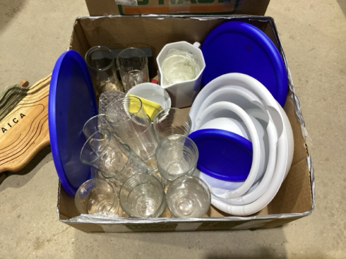 2 BOXES-GLASSES, MUGS, UTENSILS, PLASTIC BOWLS