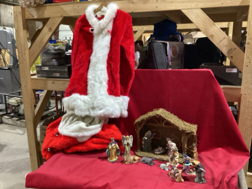 2 BOXES - NATIVITY SET, SANTA JACKET + BIG BAG