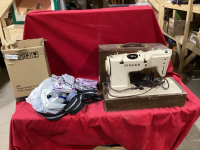 VINTAGE SINGER SEWING MACHINE + BOX SEWING NOTIONS