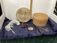 VINTAGE ROUND WOOD CONTAINER, COLLECTION OF HAT PINS, VINTAGE SCISSORS, ANTIQUE CURLING IRON