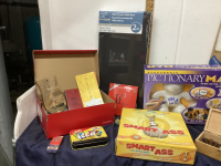 BOX W/ GAMES, CRAFT ITEMS & (2) POSTERS