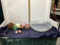 LARGE GLASS BOWL W/ MINI MARBLE FRUIT & DECOR BALLS, GREEN MARBLE ORNAMENT