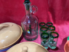 2 BOXES-SOUTHWEST DESIGN/COLOURS TABLECLOTHS, CANNISTERS, COVERED CASSEROLES, DECANTER W/SHOT GLASSES - 3