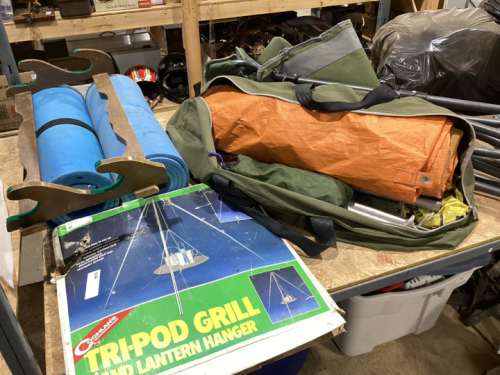 SHELF #13 - SLEEPING MATS, GUN HOLDER, TRIPOD GRILL + LANTERN HOLDER, CAMP CHAIR, A-FRAME TENT?