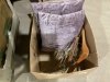 2 BOXES- 4 THROW PILLOWS,HEATED THROW, POWER BARS,STEAMER, DISH RAGS, HANGERS - 2