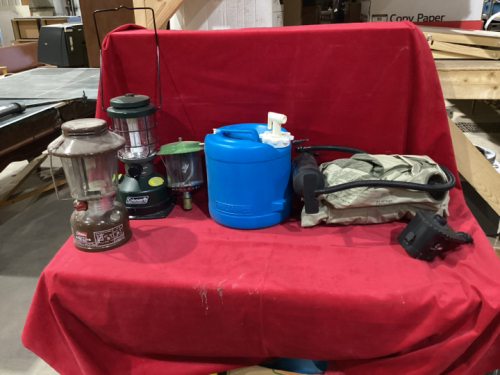 CAMPING PACKAGE - AIR MATTRESS, WATER JUG, LANTERNS, BBQ, 2 AIR PUMPS