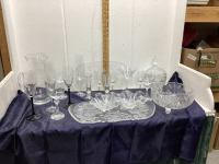 BOX W/ GLASS WATER PICTCHER, WINE GLASSES, PLATTERS, CANDY DISH, BOWLS