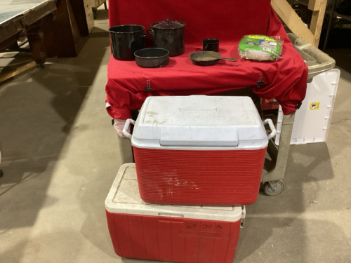 2 COOLERS AND A FEW CAMPING POTS