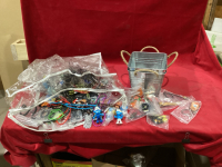 BAG FULL OF NOVELTY NECKLACES/LANYARDS AND 2 METAL CONTAINERS