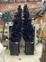 (2) POTTED BLACK ARTIFICIAL LIGHTED CHRISTMAS TREES