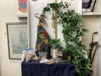 BOX W/ ARTIFICIAL GREENERY, HAND CRAFTED LARGE FIGURINE, WIND CHIME,