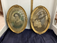 (2) OVAL PICTURES W/ CONVEX GOLD FRAMES