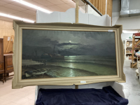 LARGE OIL PAINTING IN WOOD FRAME - BOATS ON WATER