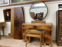 ANTIQUE DRESSING TABLE W/ ROUND MIRROR & BENCH AND DOUBLE HEADBOARD/FOOTBOARD W/RAILS