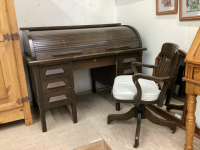 ANTIQUE ROLL TOP DESK & ROLLING CHAIR