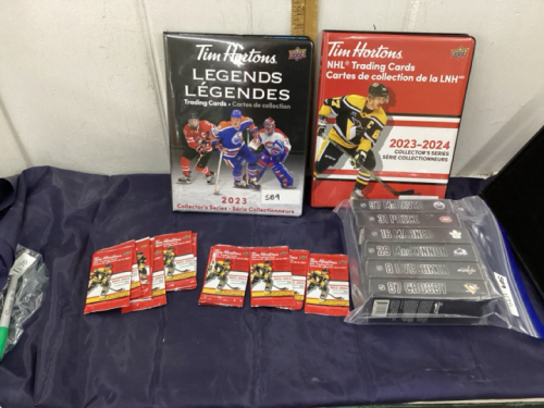 TIM HORTONS TRADING CARDS, MINI HOCKEY STICKS + 2 TRADING CARD ALBUMS