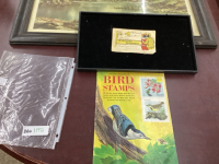 ANTIQUE POSTCARD AND VINTAGE BIRD STAMP BOOK