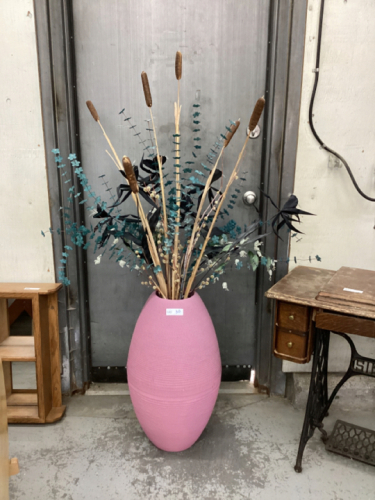 LARGE FLOOR PINK VASE W/ CAT TAILS & ARTIFICIAL GREENERY