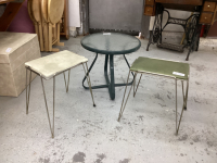 PATIO SIDE TABLE & (2) VINTAGE STACKING STOOLS