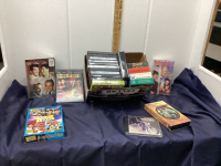 BOX W/ DVD'S, CD'S, VHS