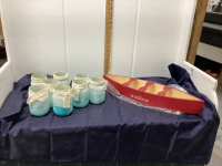 BOX W/ PAINTED MASON JAR CENTRE PIECES & WOOD MOLSON BOAT