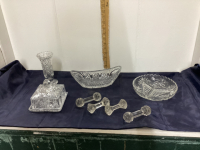 PINWHEEL CRYSTAL DISHES & (4) CRYSTAL DECOR PIECES